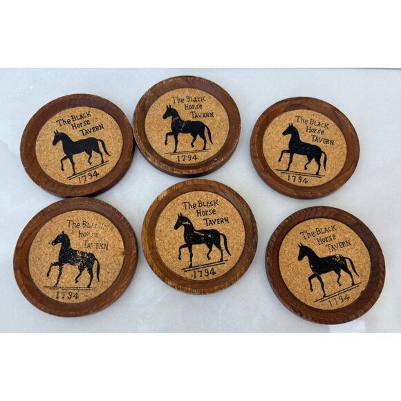 Vintage Set of Six The Black Horse Tavern 1794 Collection Coaster Brown Size 3x3 - Picture 1 of 7
